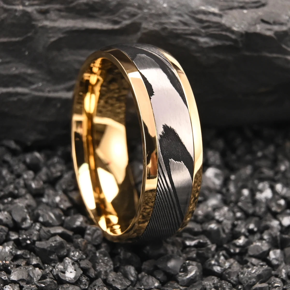 8MM Gold Color Damascus steel ring for man fashion jewelry Men's wedding bands engagement Promise rings Fine gifts Comfort Fit