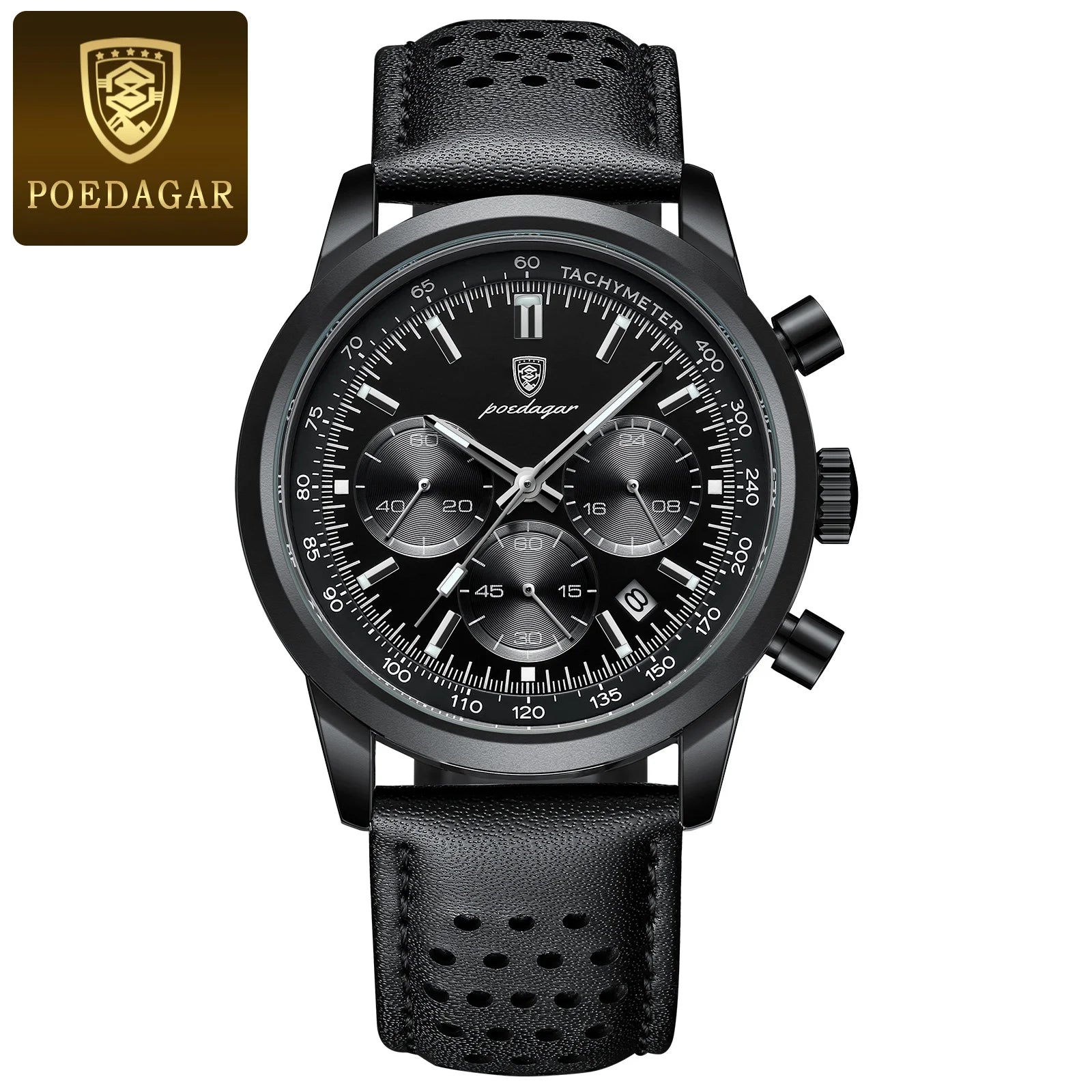 POEDAGAR Luxury Men's Quartz Wristwatch Chronograph Date Leather Man Watch Waterproof Luminous High Quality Fashion Men Watches