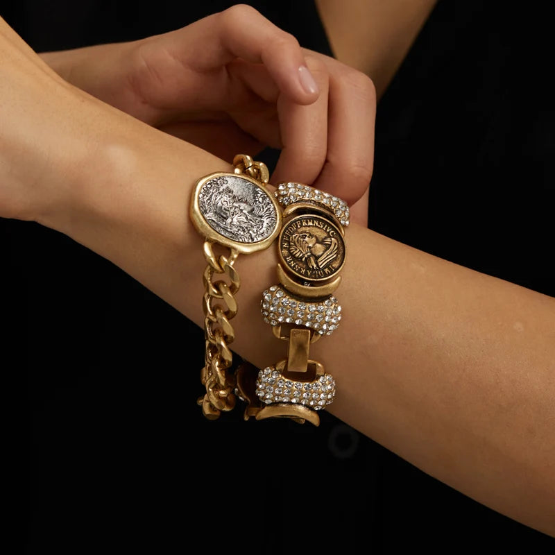 Vintage Gold Color Chain Bracelet For Jewelry Making Copper Beauty Portrait Ancient Round Coin Wide Women Wrist Accessories
