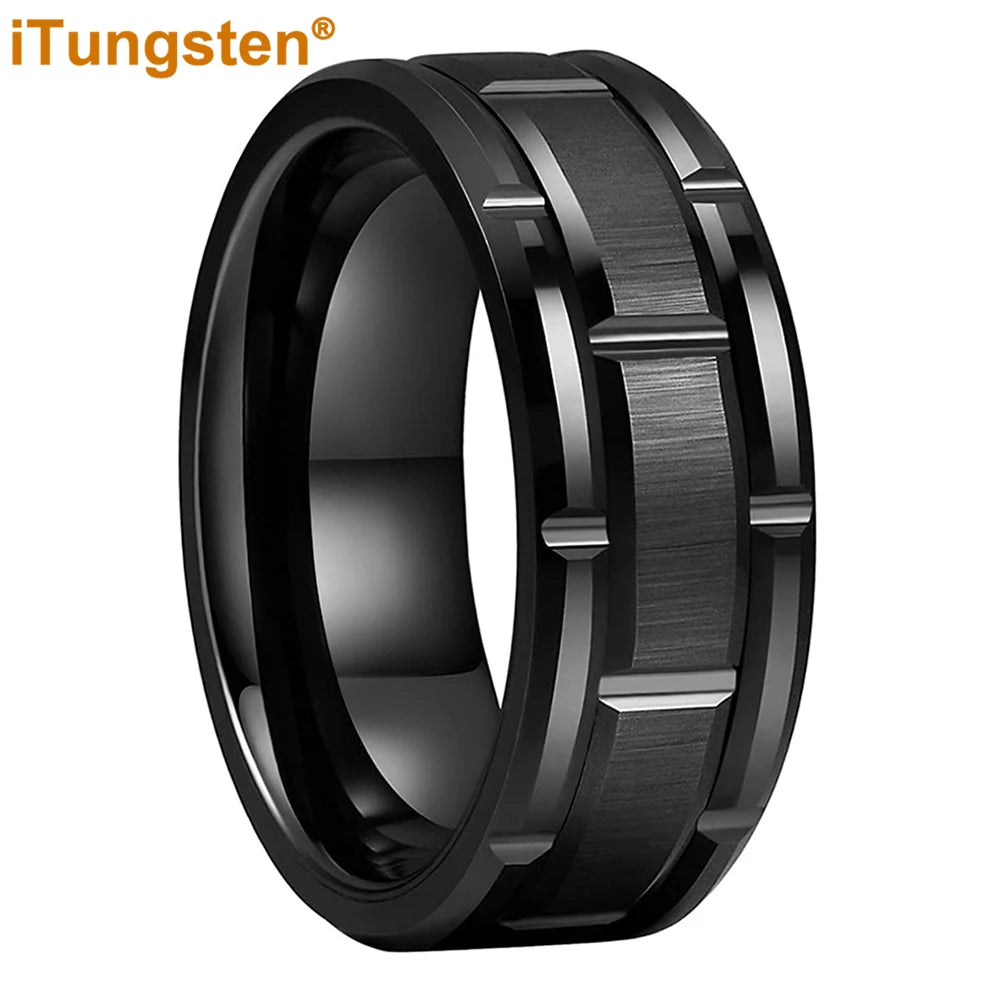 iTungsten 8mm Mens Tungsten Wedding Ring Brick Pattern Black Plated Brushed Finish Engagement Band Comfort Fit