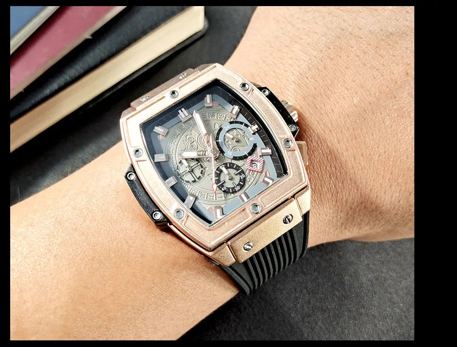 MEGIR & RUIMAS Watches for Men Fashion Military Sport Tonneau Chronograph Quartz Wristwatch with Date 24-hour 3atm Waterproof