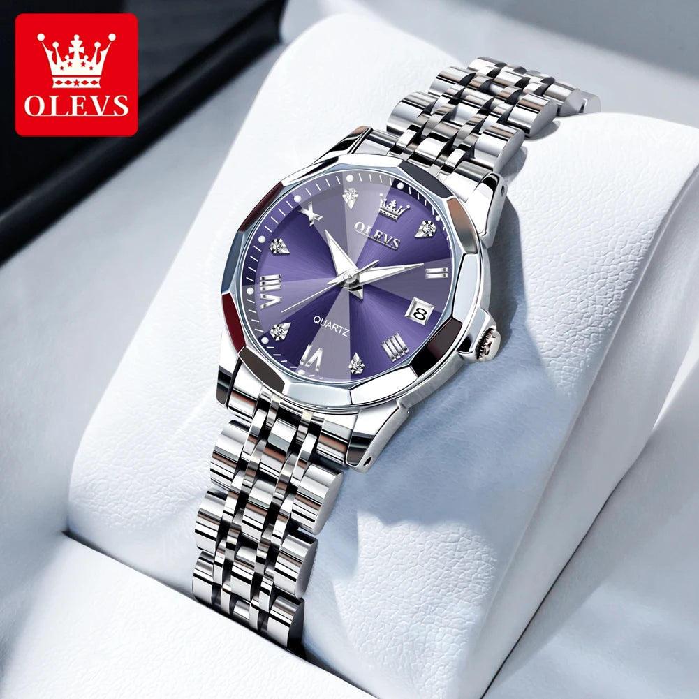 OLEVS Women Watches Elegant Luxury Stainless Steel Strap Original Quartz Wristwatch for Man Waterproof Luminous Date Trend Dress
