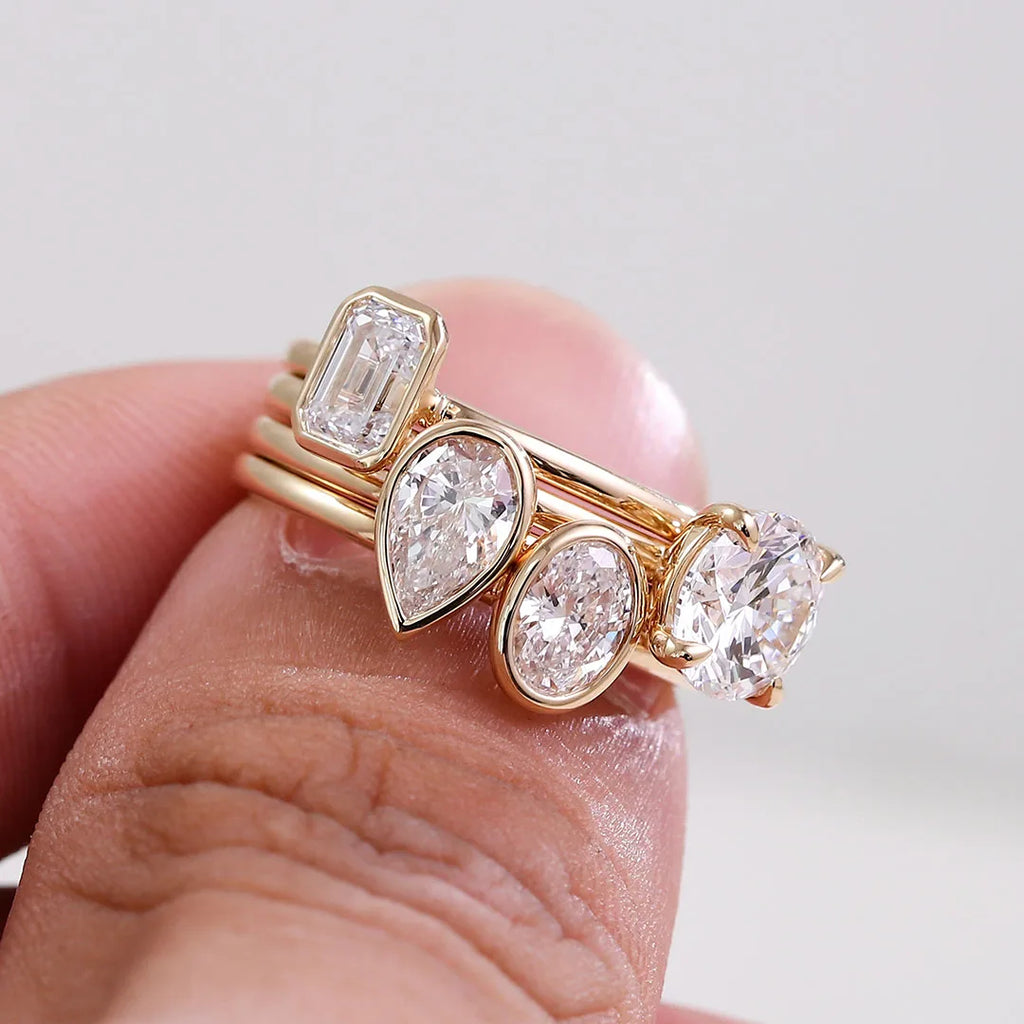 Provence 14K/18K solid gold stackable rings emerald oval pear lab diamond ring set engagement wedding ring custom jewelry gift