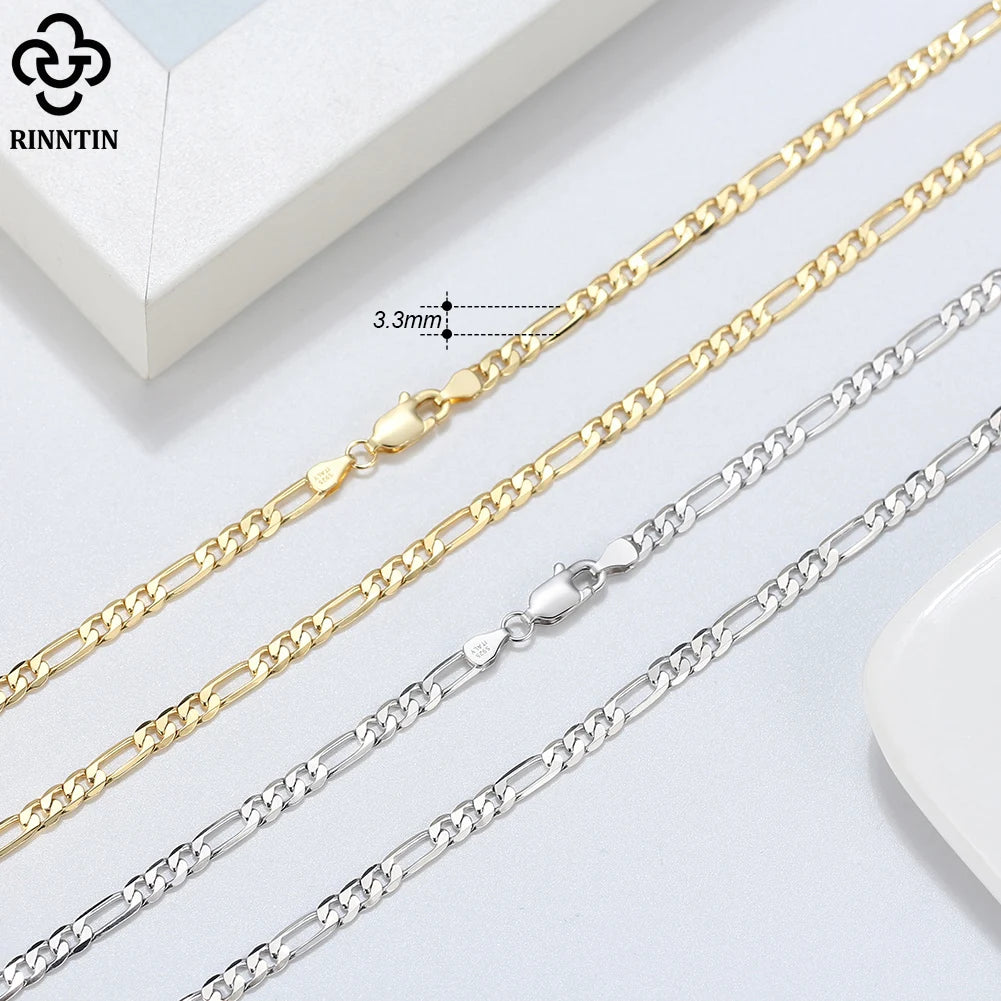 Rinntin 925 Sterling Silver 3.3mm Diamond-Cut Figaro Chain Necklace For Men Women Fashion Silver Necklace Luxury Jewelry SC34