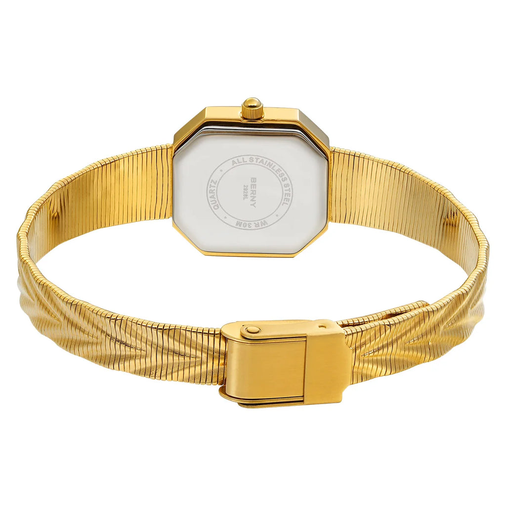 BERNY Gold Watch for Women Grit Dial Octagonal Ladies Quartz Wristwatch Stainless Steel Women Small Golden Watch Luxury Watches