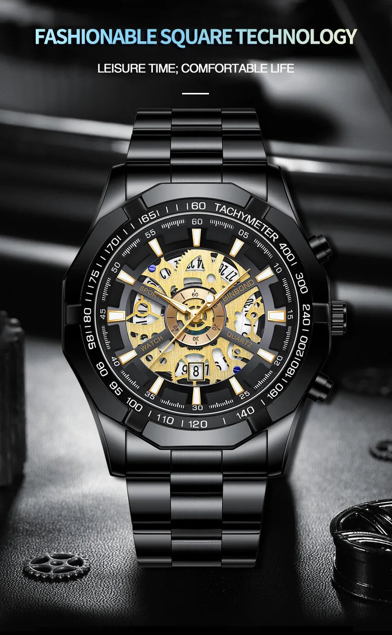 UTHAI Men Watch Light Luxury Brand Business Hollow Luminous Waterproof Stainless Steel Metal Strap Male fashion Quartz Watches