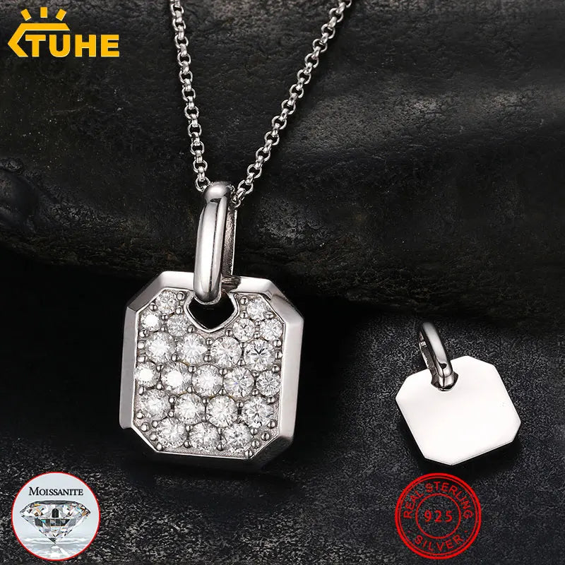 Square Minimalist Mini Iced Out Tag Pendant Necklace For Men Hip Hop Jewelry Moissanite Pendant Sterling Silver Square Pendnat