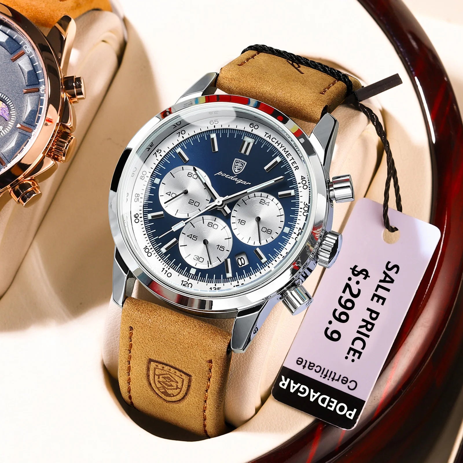 POEDAGAR Luxury Men's Quartz Wristwatch Chronograph Date Leather Man Watch Waterproof Luminous High Quality Fashion Men Watches