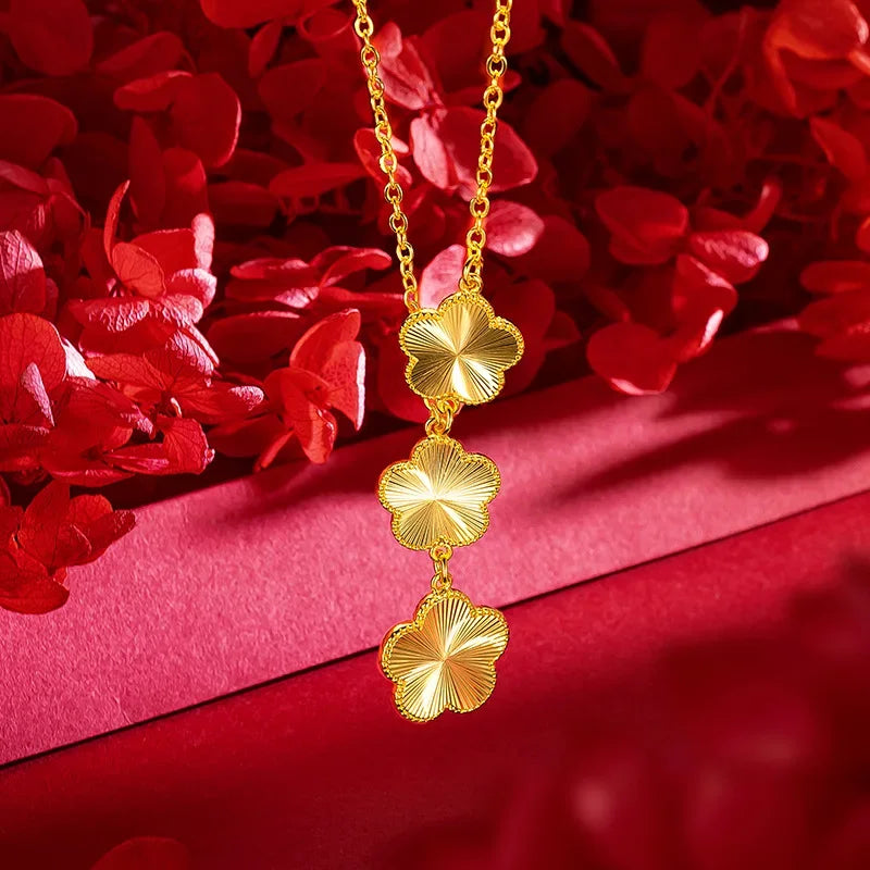 Women 9999 24K Real Gold Light Luxury Super Flash Plum Blossom Set Fashionable Female Plum Blossom Bracelet Necklace Earring Set