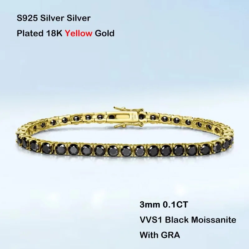 EWYA GRA Certified 3mm 0.1CT Gradient Color Black Grey White Moissanite Tennis Bracelet for Men Woman 925 Silver Link Bracelets