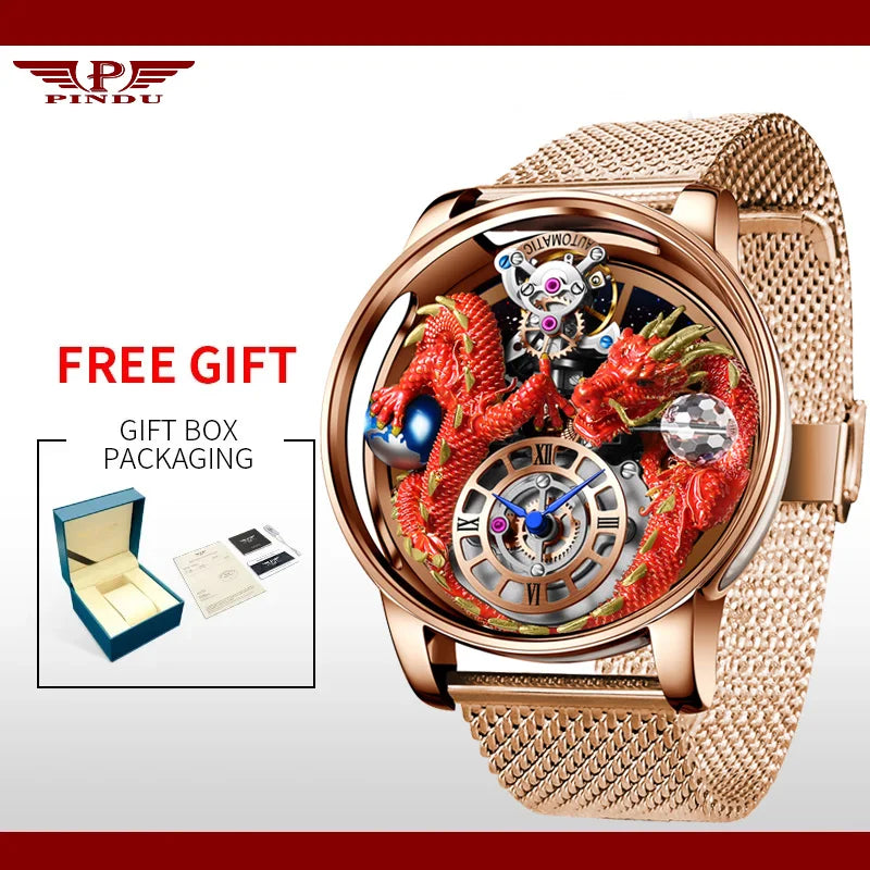 PINDU New Watchmakings House of Dragons Astronomia Art 3D Gold Dragon Astronomia Quartz Watch Men Astronomia Solar Montre Homme