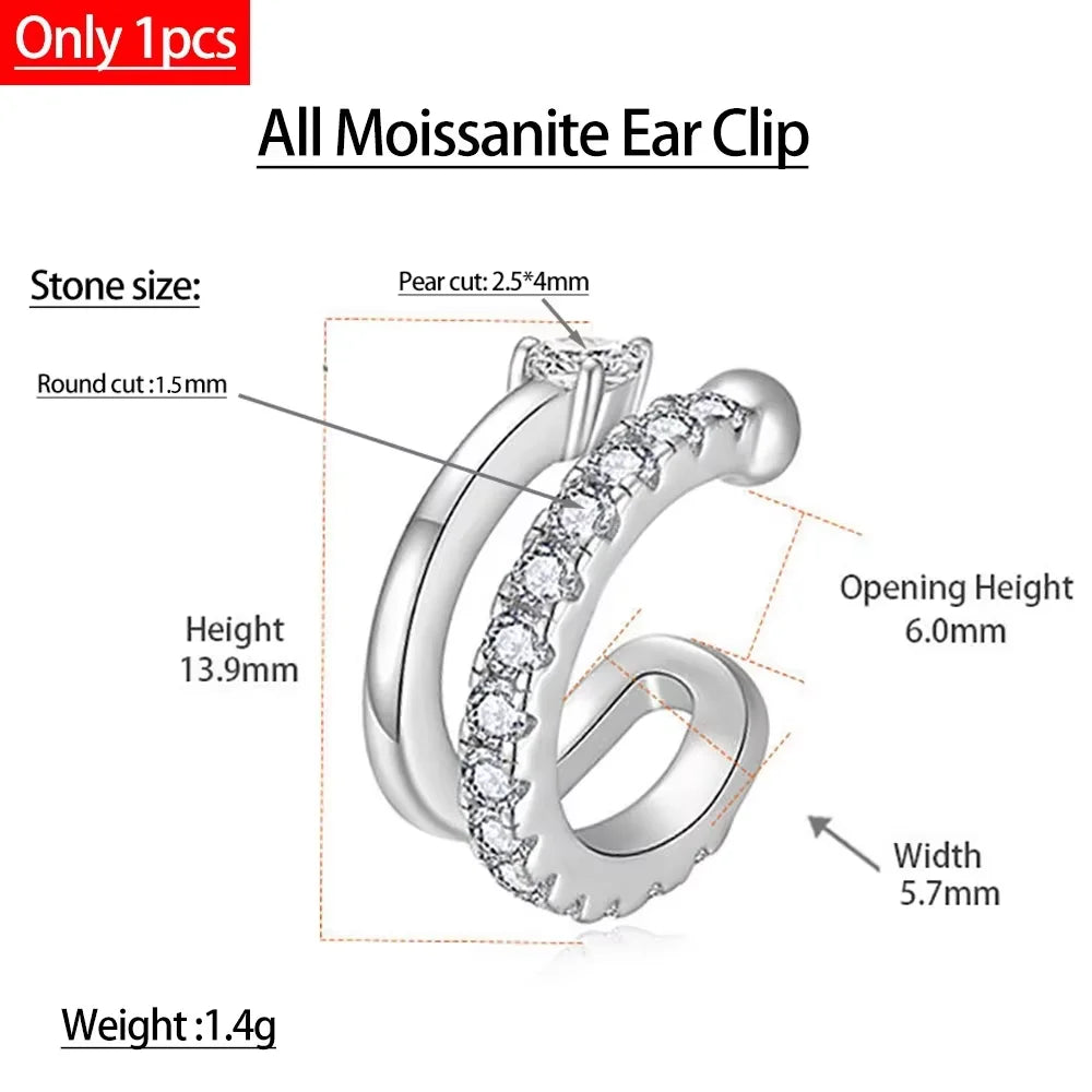 Serenity All D Moissanite Earrings for Women Men S925 Sterling Silver Lab Diamond Ear Clip Plated 18K No hole to wear Girl Gift