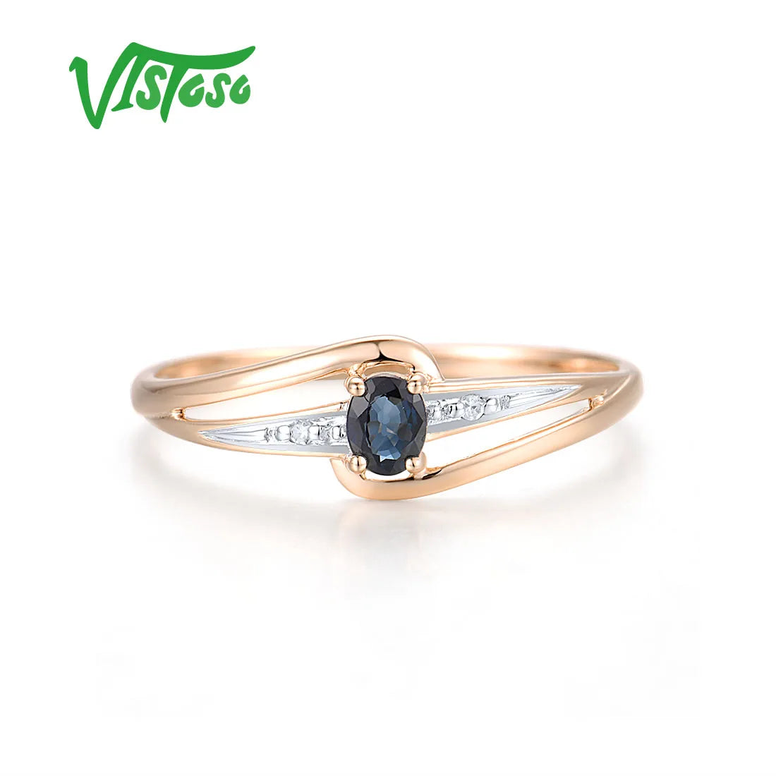 VISTOSO Authentic 14K 585 Rose Gold Solitaire Ring For Women Genuine Diamond Blue Sapphire Minimalist Daily Fine Fashion Jewelry
