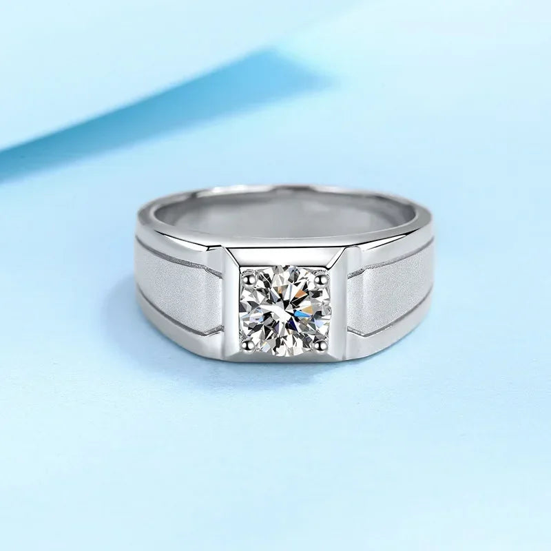 PT950 Platinum Moissanite Diamond Men Rings, 0.5/1 Carat VVS1 D Color Simple Wire Drawing Rings Luxury Gift for Boyfriend