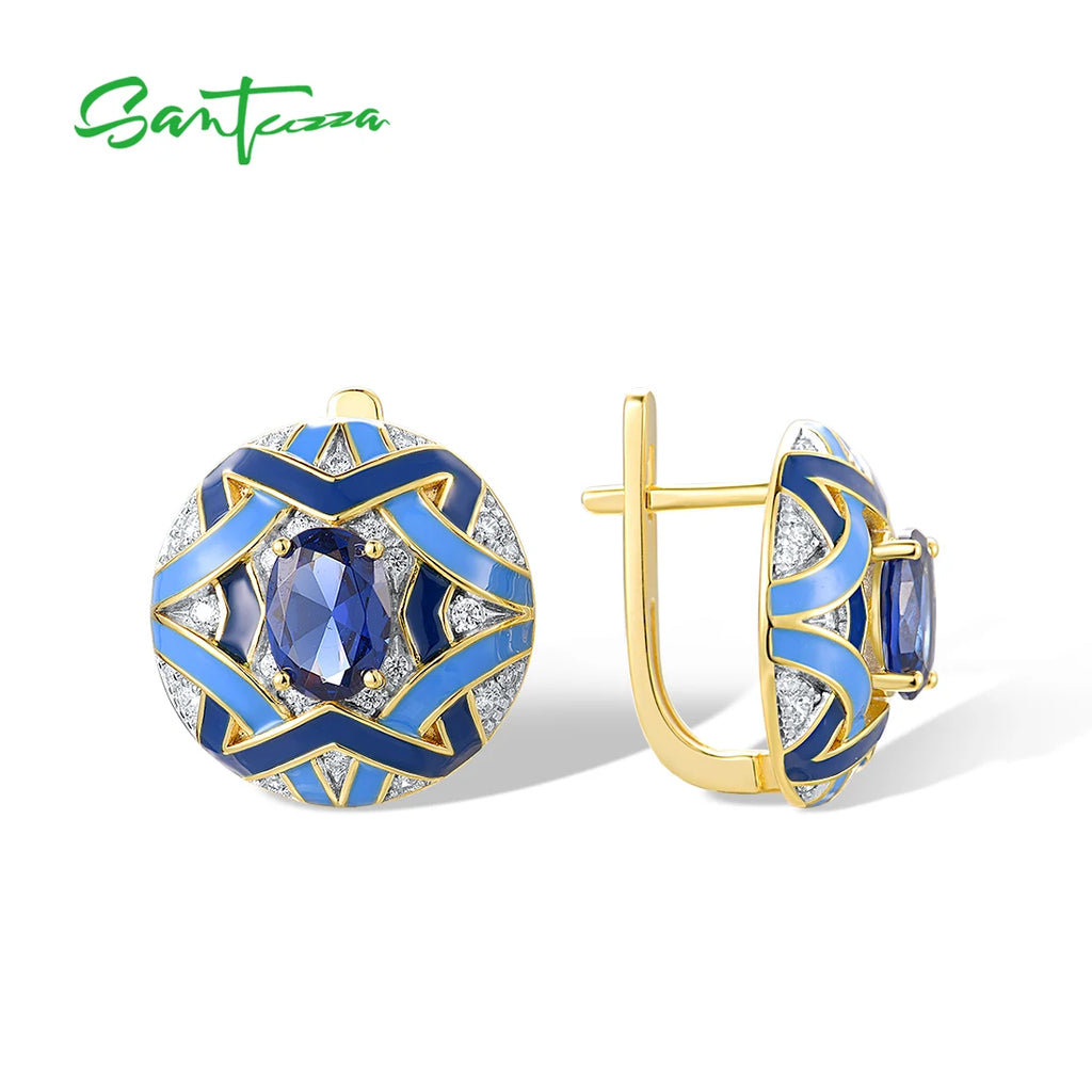 SANTUZZA Real 925 Sterling Silver Solitaire Earrings For Woman Sparkling Blue Spinel Enamel Grand Round Wedding Set Fine Jewelry