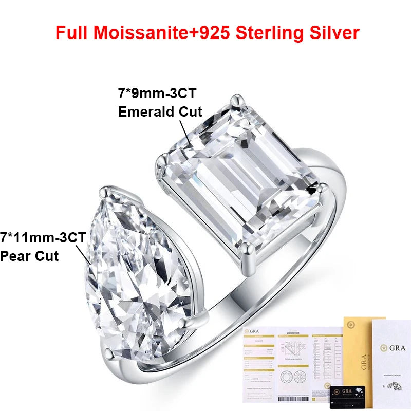 BXINY 6cttw Moissanite Rings S925 Silver Pear/Emerald/Radiant Cut 2-Stone Open Wedding Band for Women Gift Jewelry GRA Certified