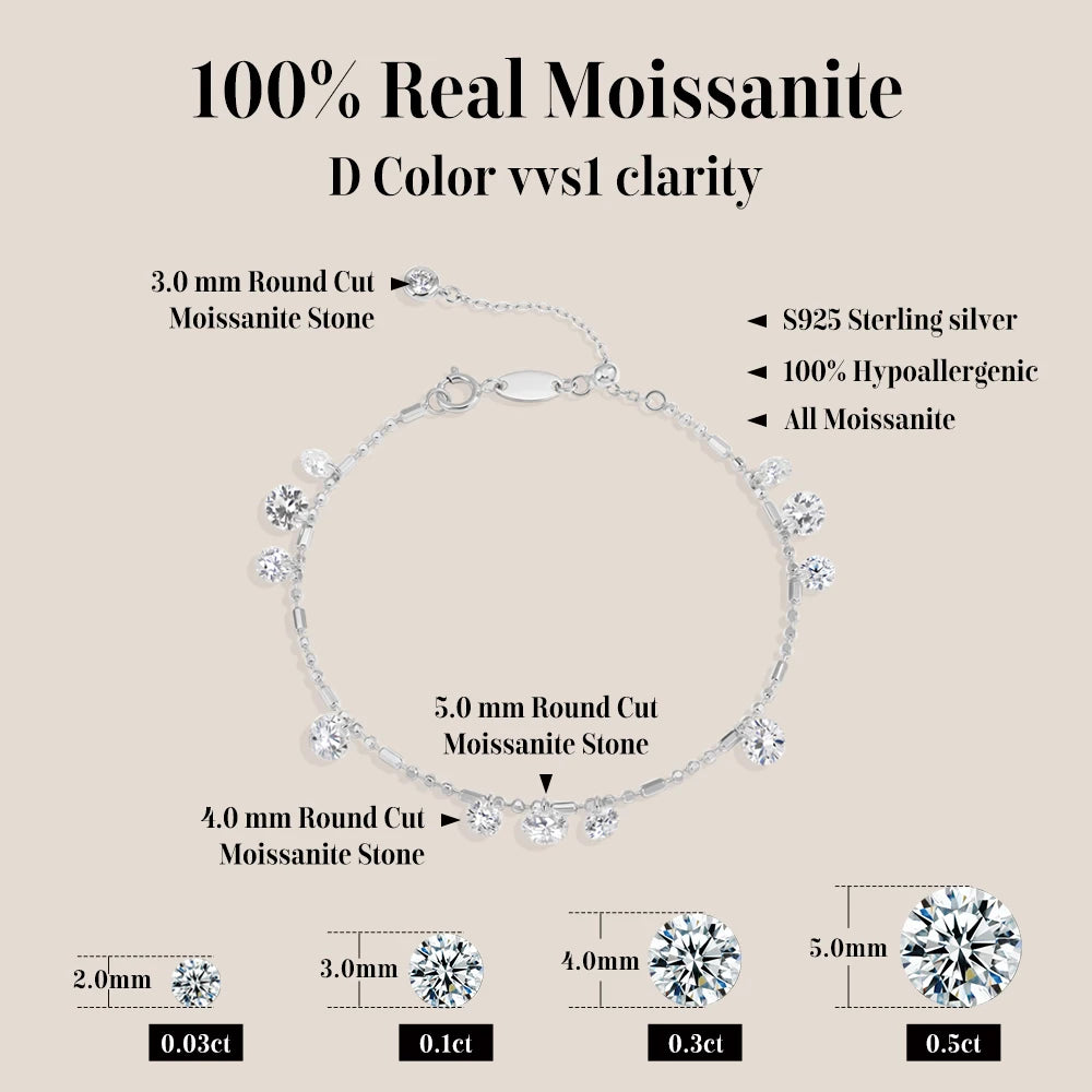 ATTAGEMS Round Cut Drilled Moissanite Bracelets Women S925 Silver Adjustable Beaded Chain Everyday Stackable Jewelry Party Gifts