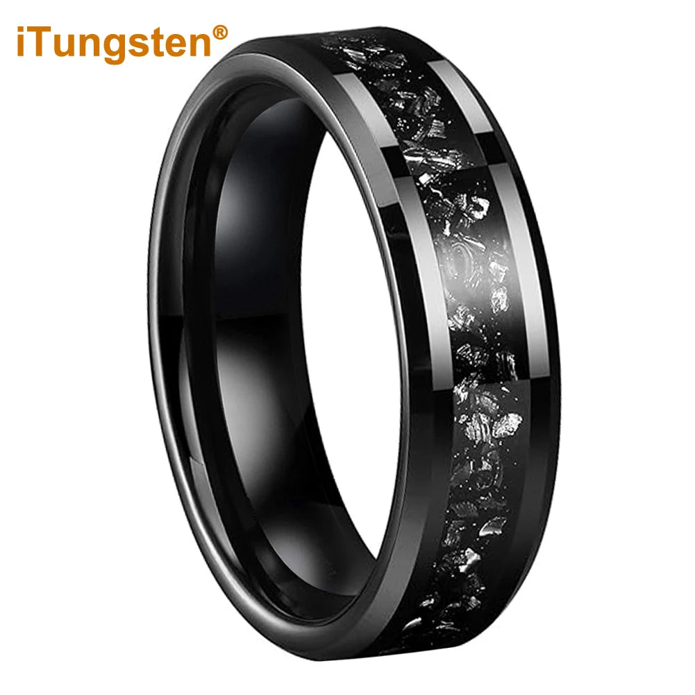 iTungsten 6mm 8mm Silver/Black Tungsten Promise Rings for Men Women Meteorite Shavings Inlay Fashion Engagement Wedding Bands
