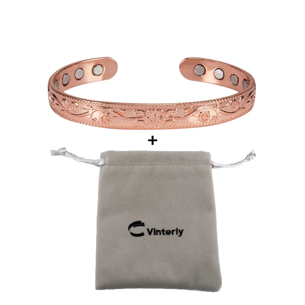 Solid Copper Bracelets for Women Adjustable Cuff Flower Copper Magnetic Bracelet Arthritis Benefit Health Energy Bracelet Female