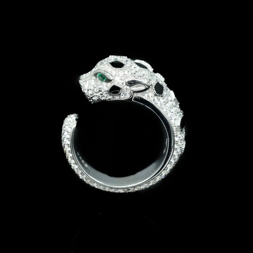 925 Sterling Silver Black Enamel Spot Full CZ Carbon Diamond Panther Leopard Open Rings Luxury Designer Jewelry for Men or Women