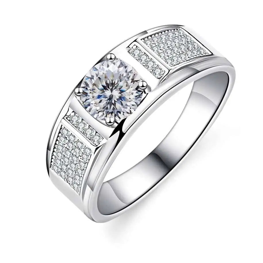 TY Classic Men's 1.0 Carat Real Moissanite white Ring 18K White Gold D Color Diamond Engagement Wedding Fine Jewelry Gift