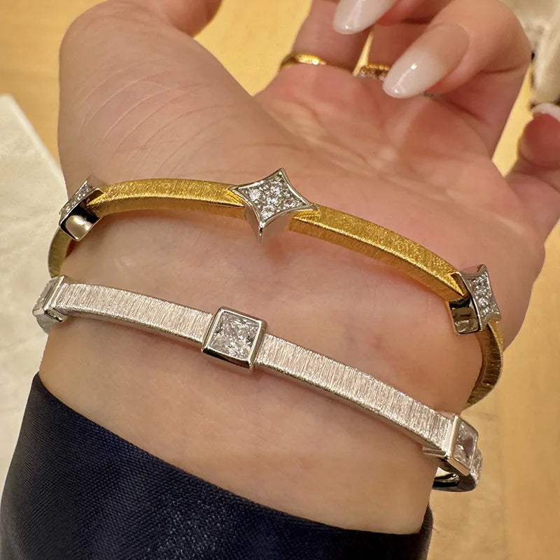 High quality fashion brushed square diamond bracelet for women silver 925 elegant luxury rhombus bangles banquet jewelry gift