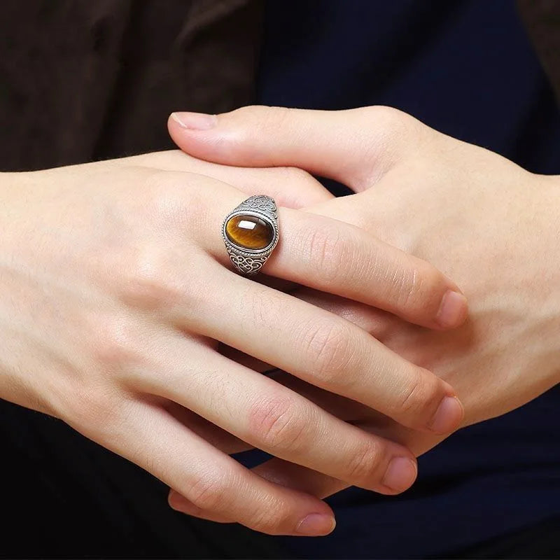 925 Sterling Silver Vintage Natural Tiger's Eye Stone 10*14MM Retro Style Large Stone Finger Rings Fine Jewelry For Men