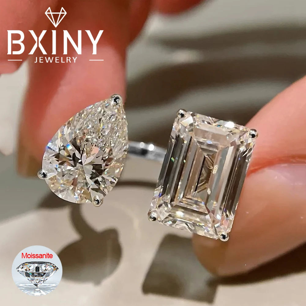 BXINY 6cttw Moissanite Rings S925 Silver Pear/Emerald/Radiant Cut 2-Stone Open Wedding Band for Women Gift Jewelry GRA Certified