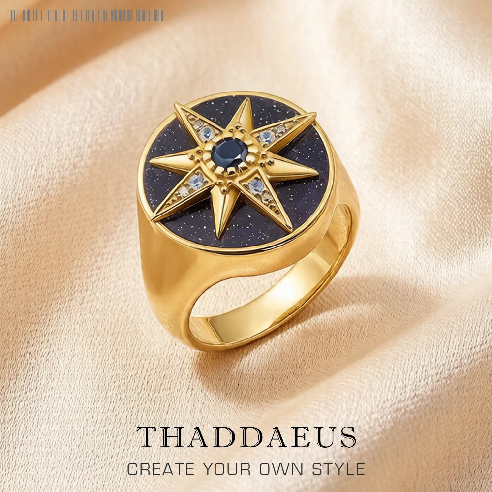 Golden Royalty Star With Stones Ring Europe Fine Jewerly For Women Autumn Lucky Gift In 925 Sterling Silver