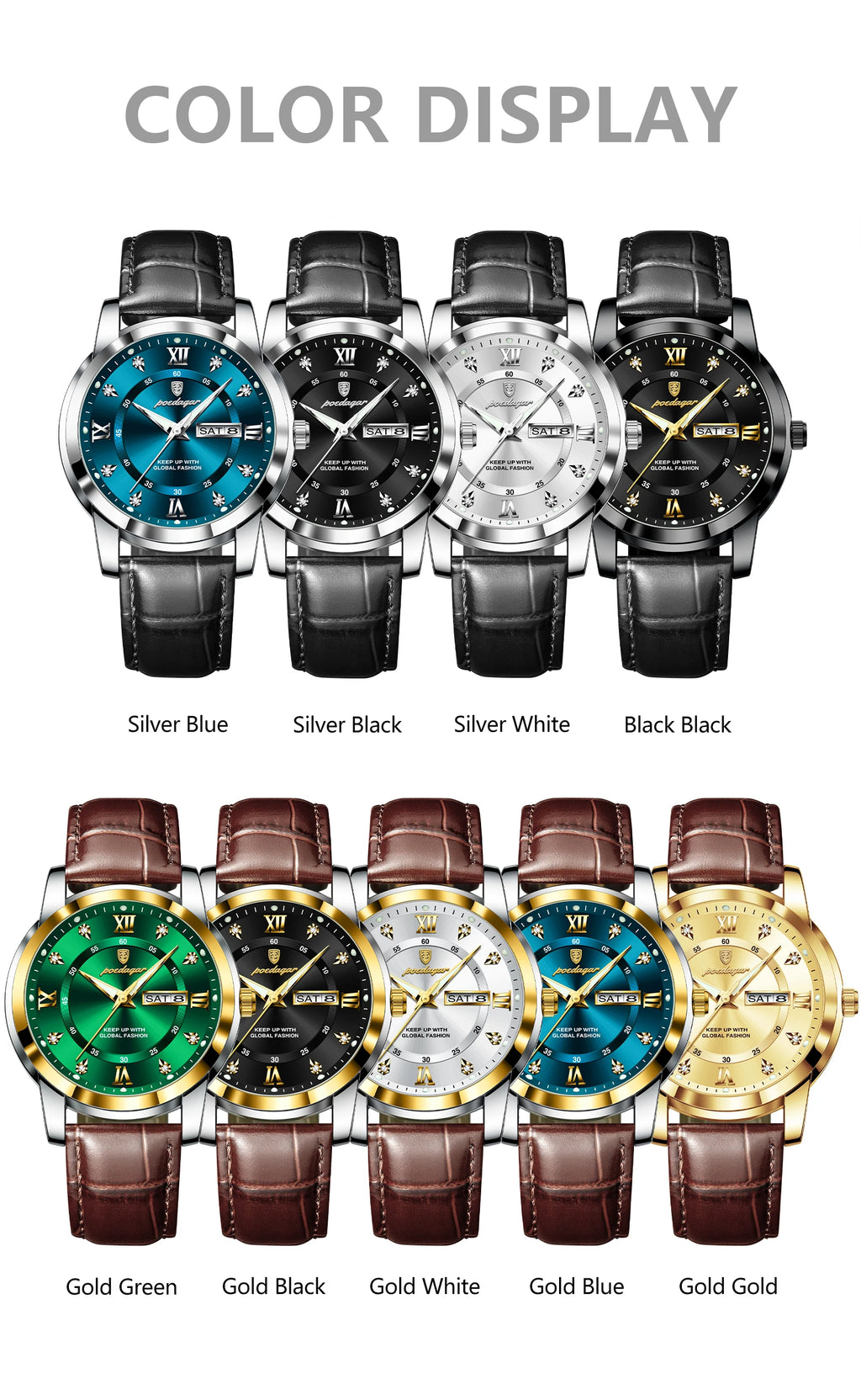 POEDAGAR Top Luxury Man Watch Date Week Waterproof Luminous Leather Men Wristwatch Casual Male Clock Sports Men's Quartz Watches