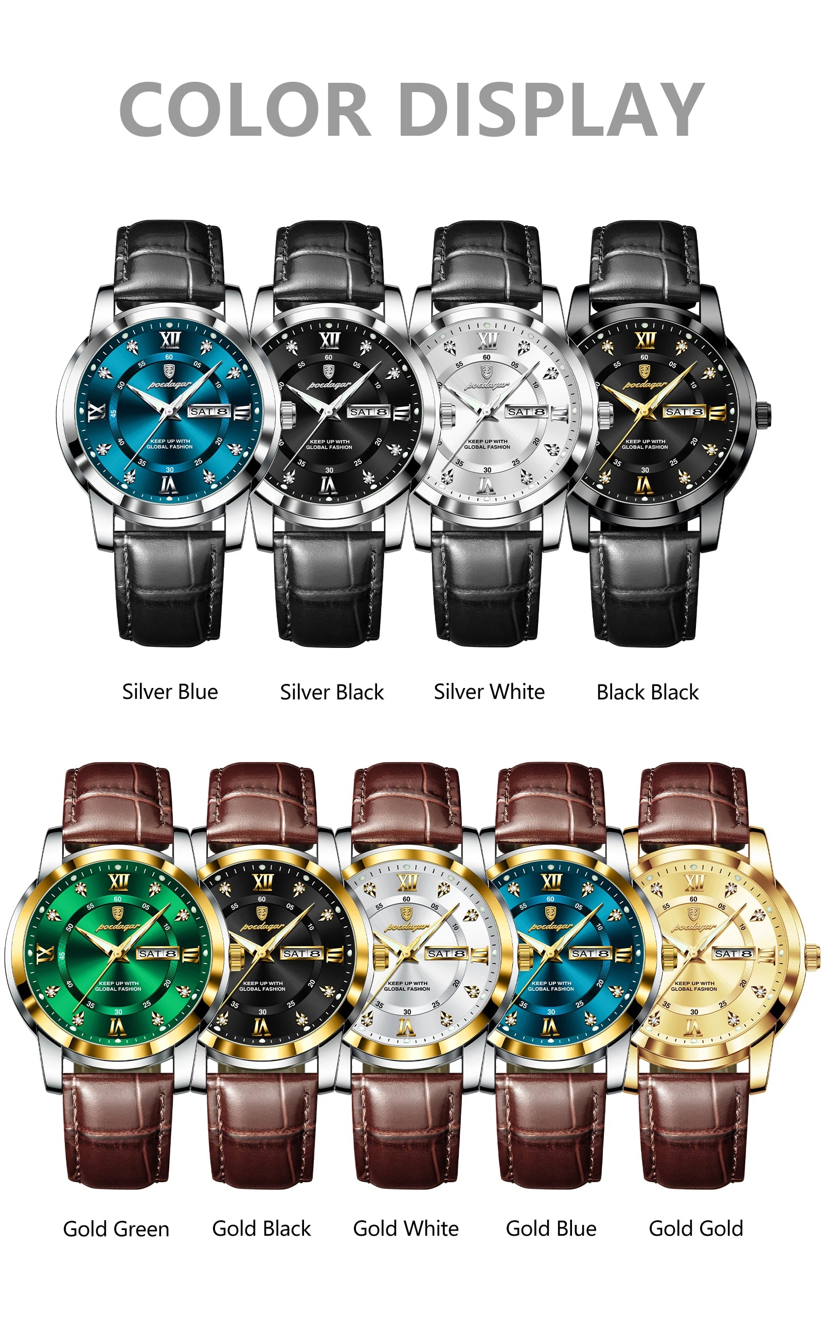 POEDAGAR Top Luxury Man Watch Date Week Waterproof Luminous Leather Men Wristwatch Casual Male Clock Sports Men's Quartz Watches