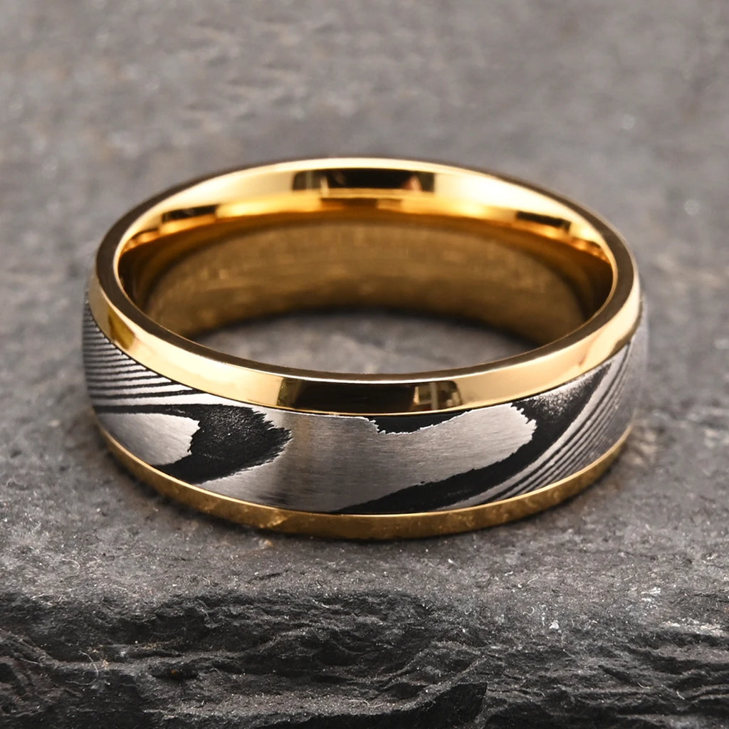 8MM Gold Color Damascus steel ring for man fashion jewelry Men's wedding bands engagement Promise rings Fine gifts Comfort Fit