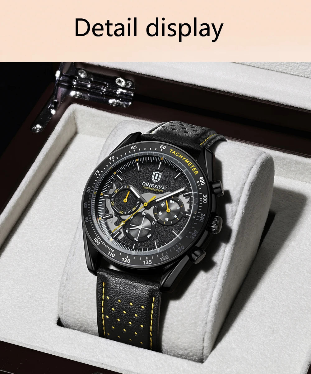 QINGXIYA Watch for Man Fashion Quartz Watch Leather Waterproof Luminous Skeleton Sport Chronograph Watches Mens Reloj Hombre