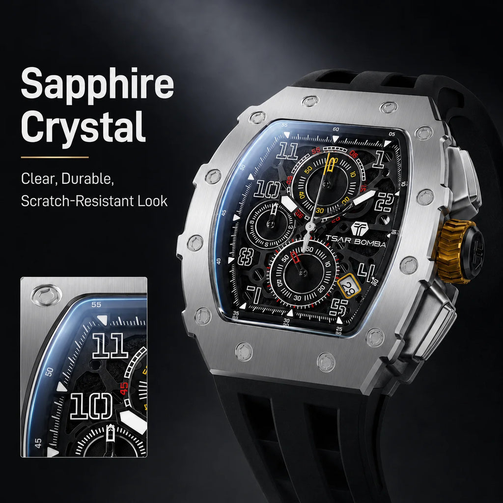 TSAR BOMBA Luxury Tonneau Quartz Watch for Men Japanese Movement, Stainless Steel Case,  Elegant Dress Wristwatch
