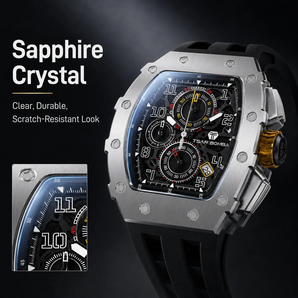TSAR BOMBA Luxury Tonneau Quartz Watch for Men Japanese Movement, Stainless Steel Case,  Elegant Dress Wristwatch