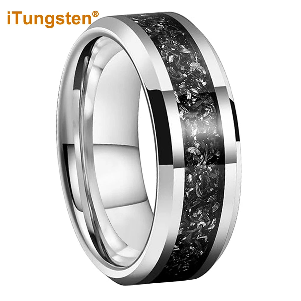 iTungsten 6mm 8mm Silver/Black Tungsten Promise Rings for Men Women Meteorite Shavings Inlay Fashion Engagement Wedding Bands