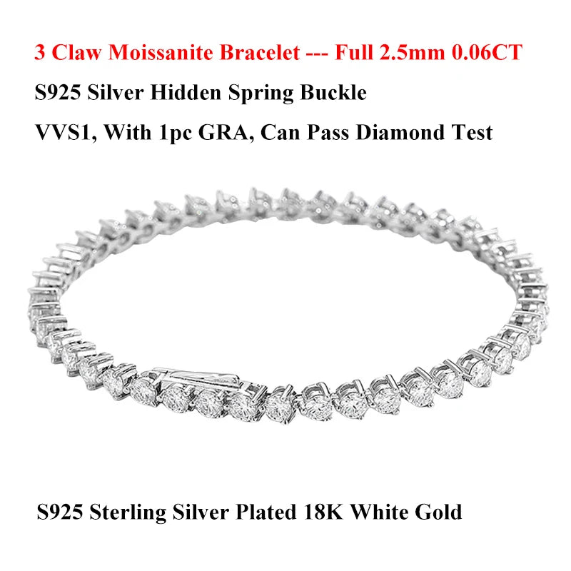 EWYA 3 Prong 2.5mm 3mm Full D Color Moissanite Diamond Tennis Bracelet for Women 925 Silver Link Chain Spring Buckle Bracelets
