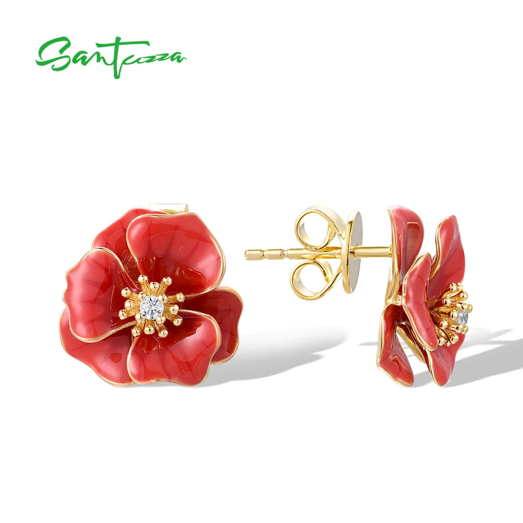 SANTUZZA Real 925 Sterling Silver Earrings For Women White CZ Red Enamel Blossom Flower Wedding Party Elegant Gift Fine Jewelry