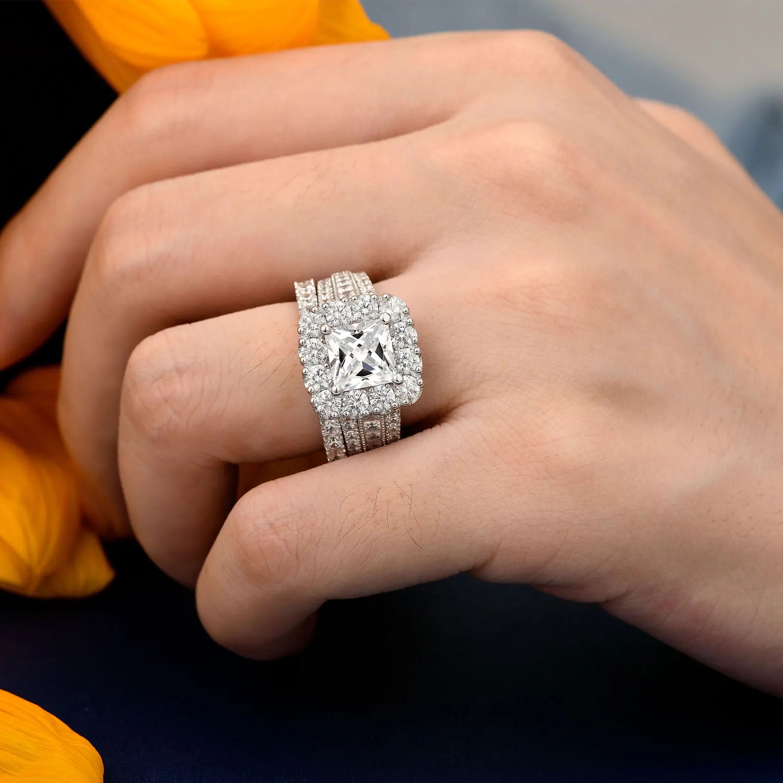 Newshe 2Pcs 925 Silver Wedding Rings Set for Women Halo Princess Cut White Cubic Zircon Vintage Luxury Jewelry Engagement Ring