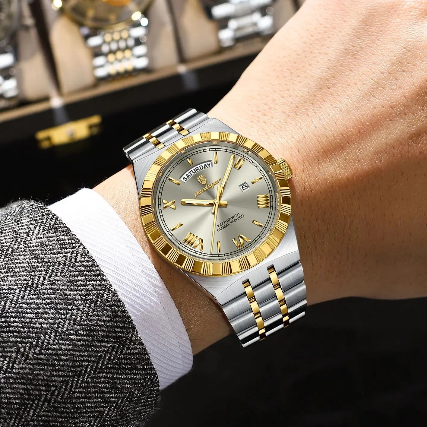 POEDAGAR Luxury Business Man Watch Week Date Waterproof Luminous Watches For Men Stainless Steel Quartz Men's Fashion Wristwatch