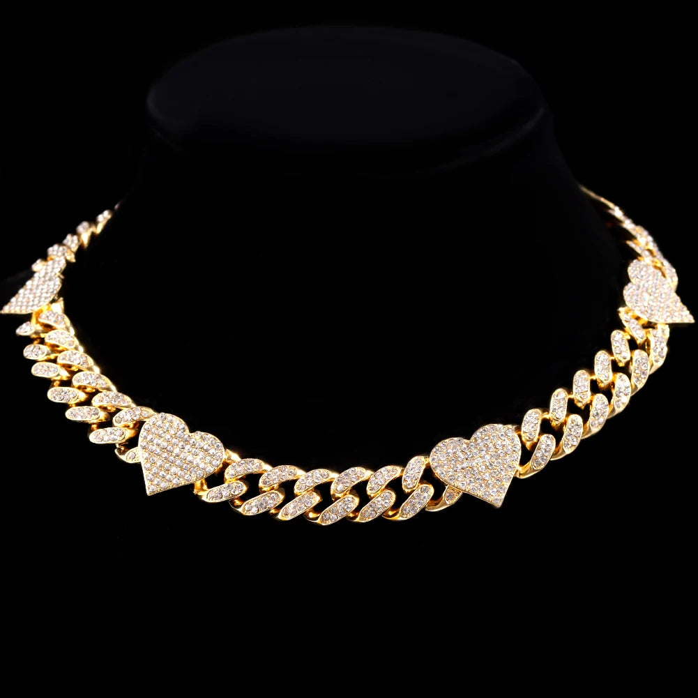 Heart Cuban Chain Necklace for Women, Gold Silver Color Iced Out Rhinestone Choker, 16/18/20 Inch Link Chain Jewelry