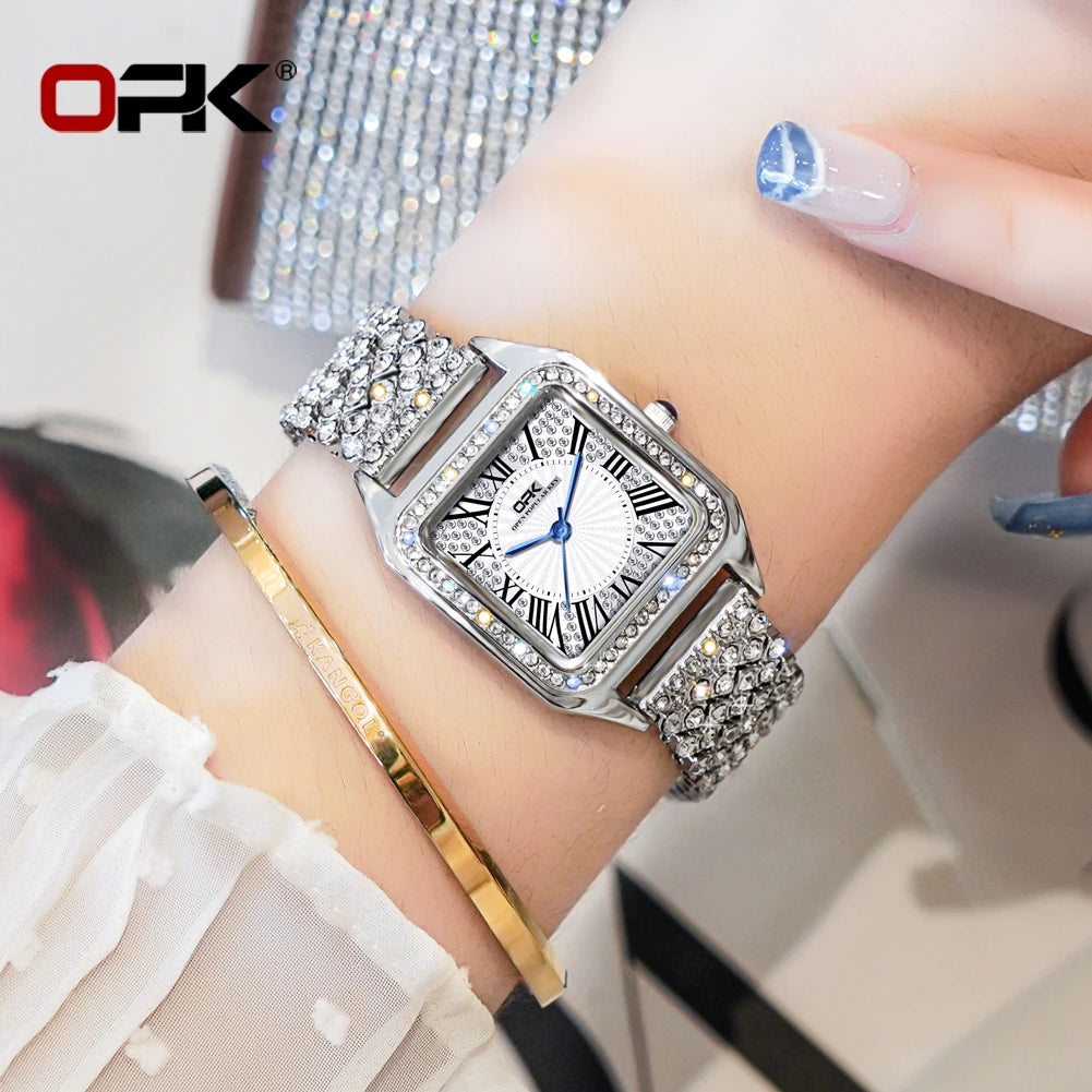 OPK Brand Full Diamond Waterproof Roman Scale Steel Belt Ladies Quartz Watch 8619