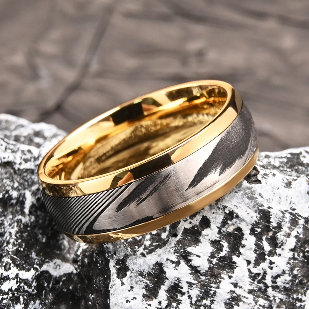 8MM Gold Color Damascus steel ring for man fashion jewelry Men's wedding bands engagement Promise rings Fine gifts Comfort Fit