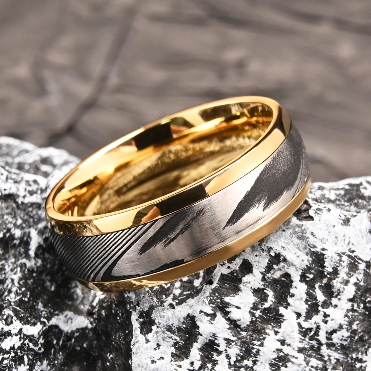 8MM Gold Color Damascus steel ring for man fashion jewelry Men's wedding bands engagement Promise rings Fine gifts Comfort Fit