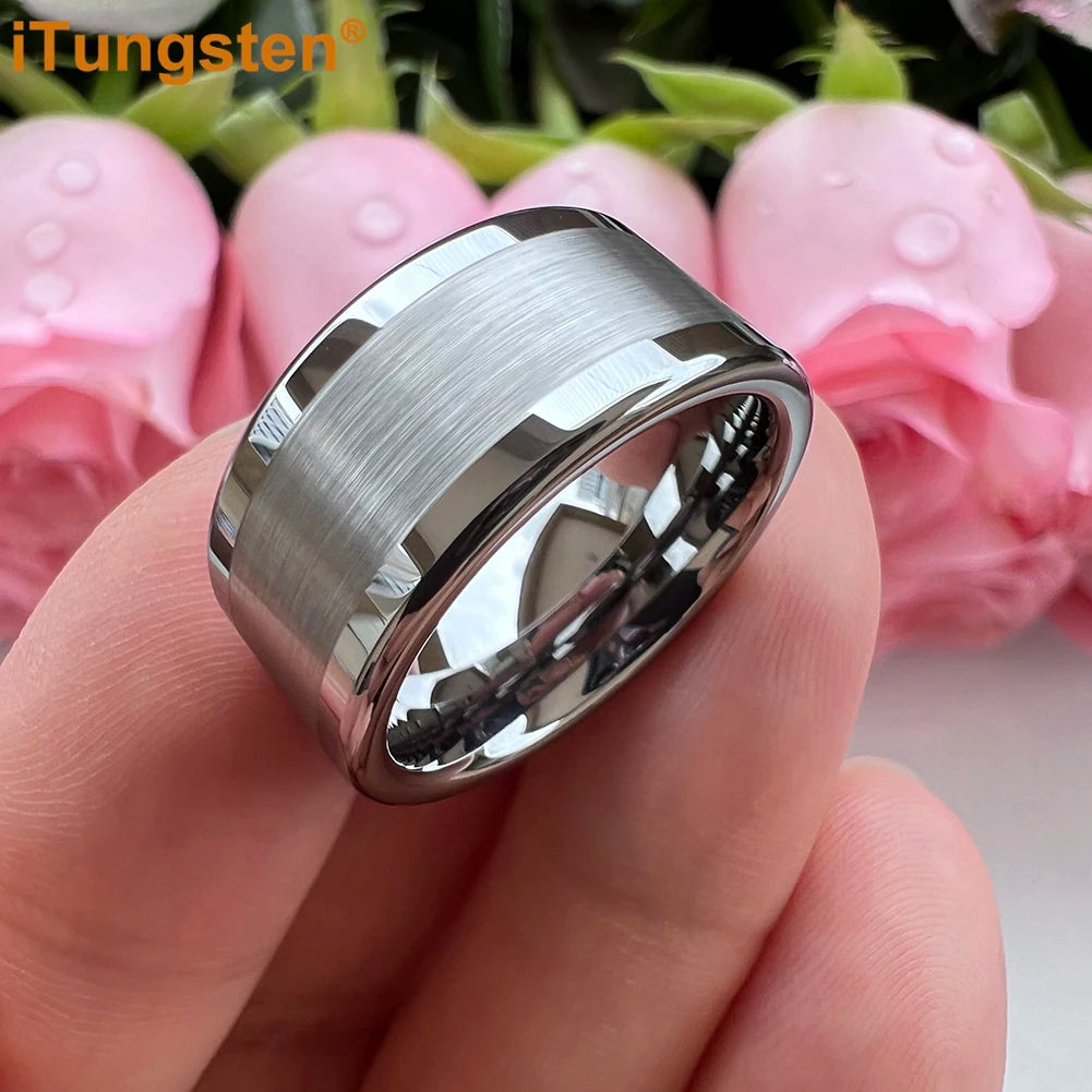 iTungsten 10mm 12mm Big Finger Ring Mens Tungsten Flat Engagement Wedding Band With Center Brushed Polished Finish Comfort Fit
