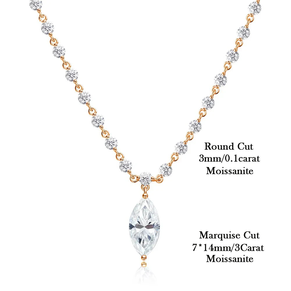 3MM Round Bubble Moissanite Diamond Tennis Neclace With 3carat Marquise Cut Pendant Neck Chain For Women 925 Silver Fine Jewelry