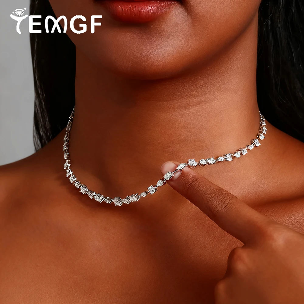TEMGF Full Irregular Moissanite Chokers Necklaces 925 Silver Tennis Chain for Women Banquet Bridal Wedding Luxury Shiny Jewelry