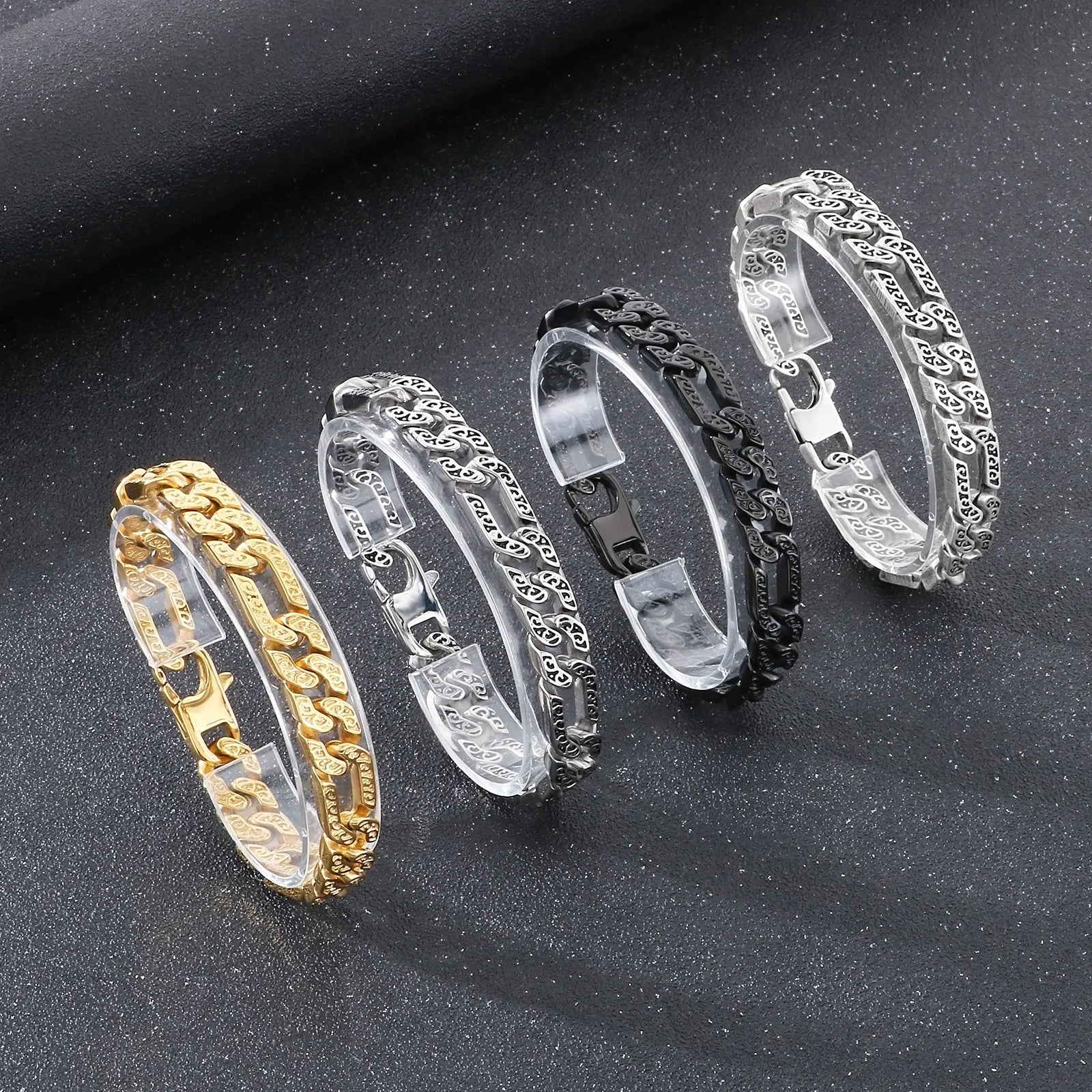 Fongten Tie Stainless Steel Men's Bracelet Mysterious Egyptian Pattern Hollow Chain Punk Rock Halloween Gift Fashion Jewelry