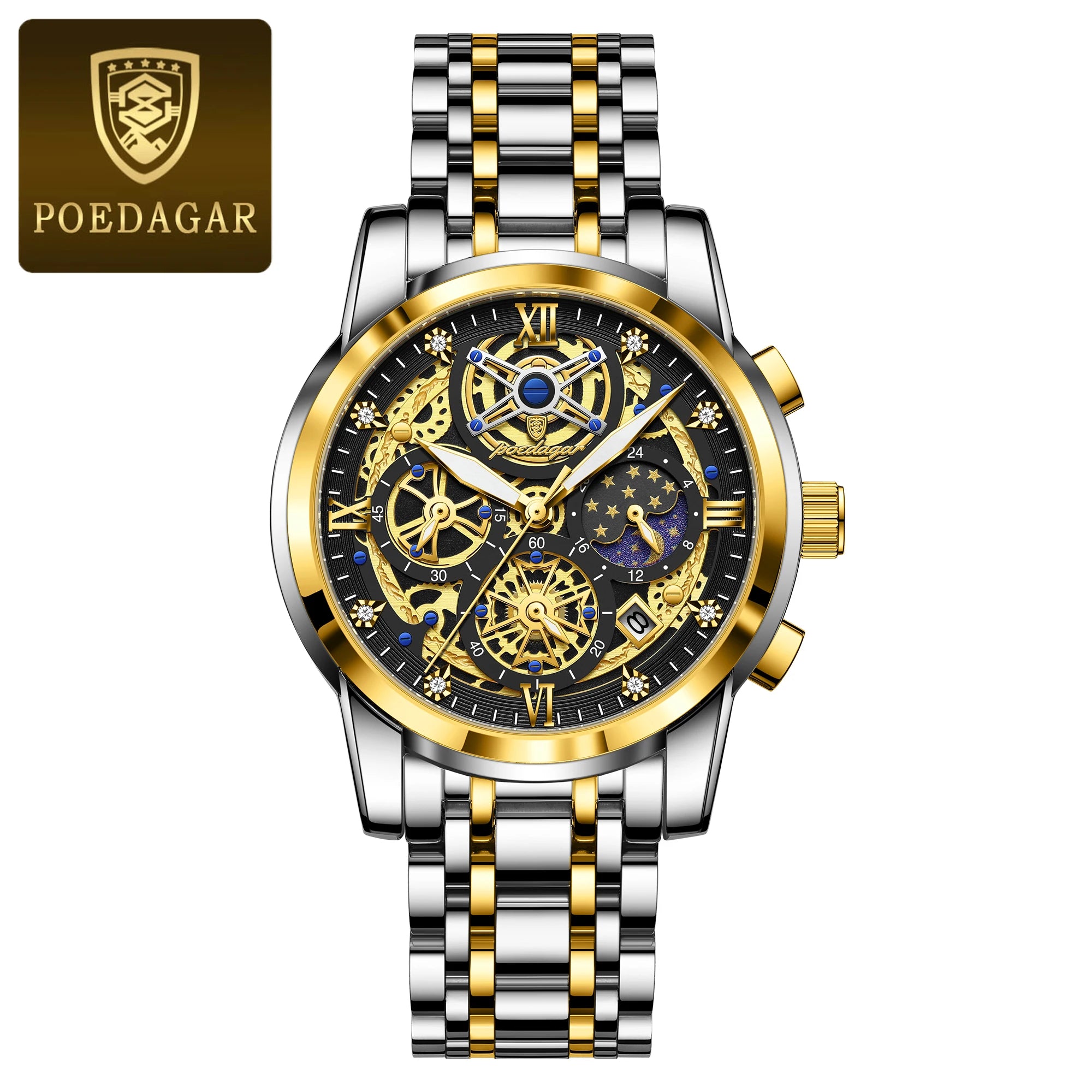 POEDAGAR Luxury Men's Quartz Watches Stainless Steel Date Chronograph Men Wristwatch Waterproof Luminous Fashion Man Watch Reloj