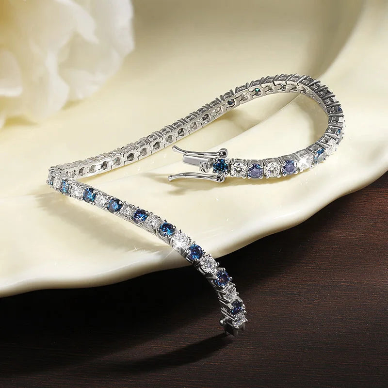 KNOBSPIN Blue Moissanite Tennis Bracelets for Women Man 3mm 4mm Lab Grow Diamond with Certificate 925 Silver Plated 18k Bracelet
